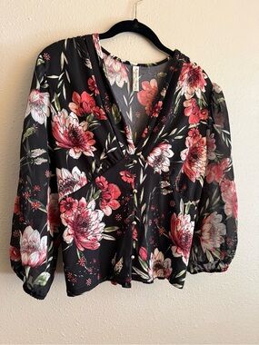 PerSeption Concept Black V-Neck Blouse with Pink Floral Print